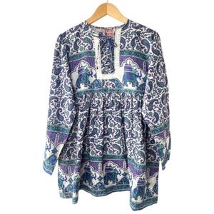 Gypsy Rose Elephant Paisley Lace Up Boho Tunic Top Purple Teal Blue NWT One Size